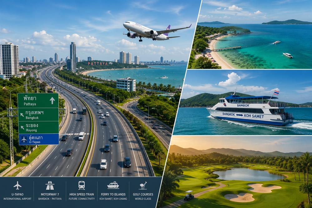 Pattaya's transport links, international airports, motorways, and easy access to Thailand's islands and coastal destinations.
